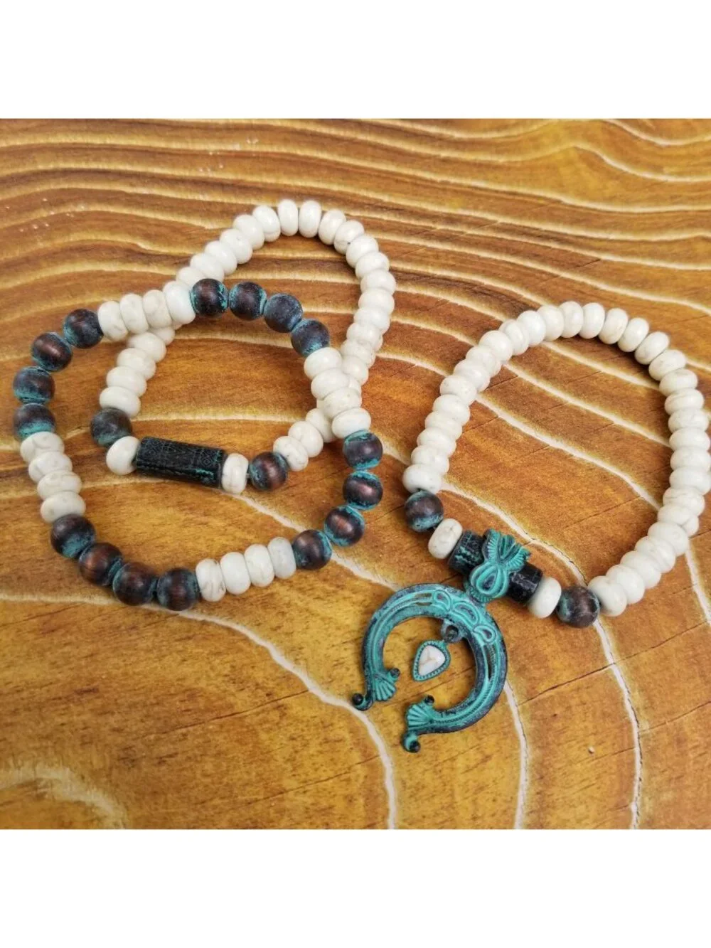 Southwestern Turquoise Patina Squash Blossom Beaded Bracelet Stack Set OSFM NWT